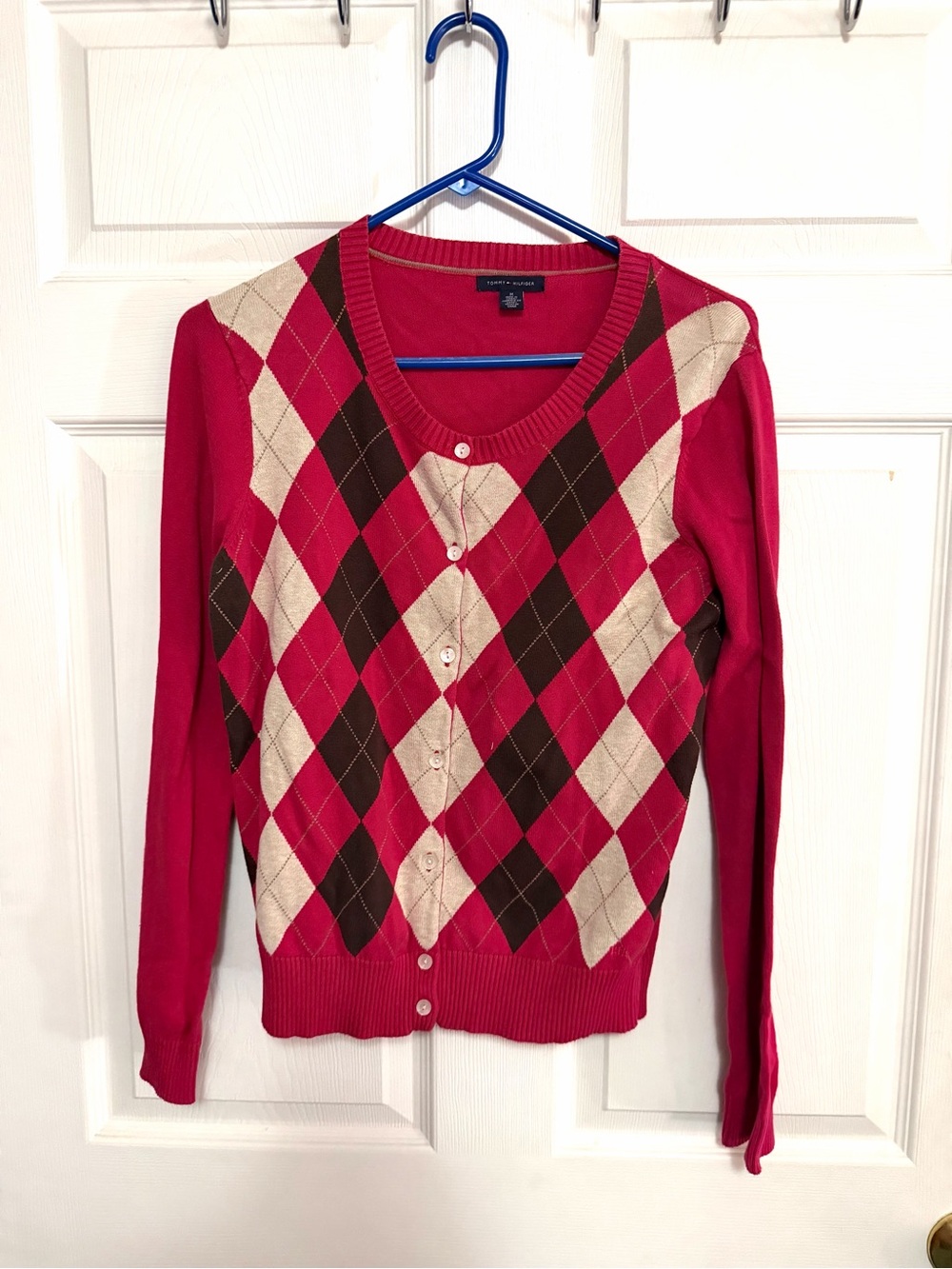Tommy Hilfiger Red Argyle Button-Front Cardigan with Cream & Brown Diamonds
